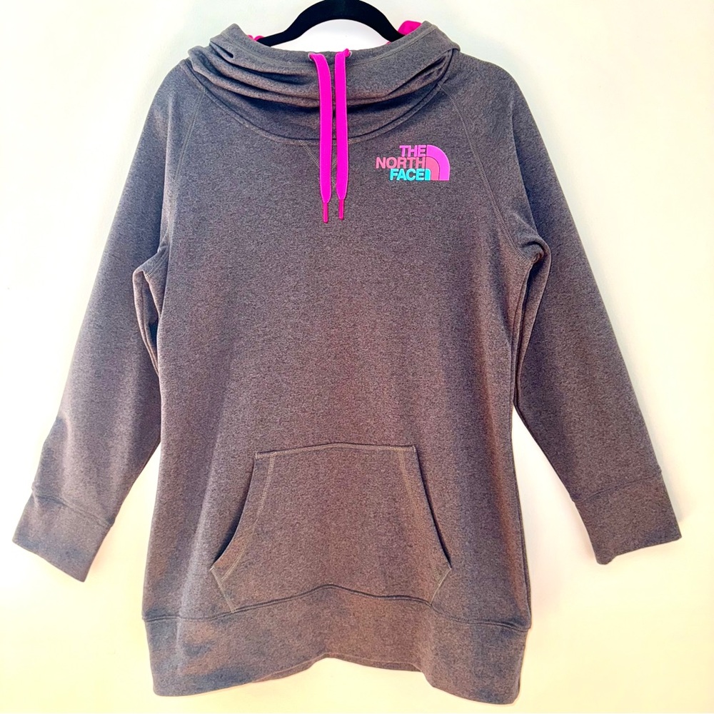 The North Face Women’s Gray Pullover Hoodie Neon Pink Drawstring Logo Size Large